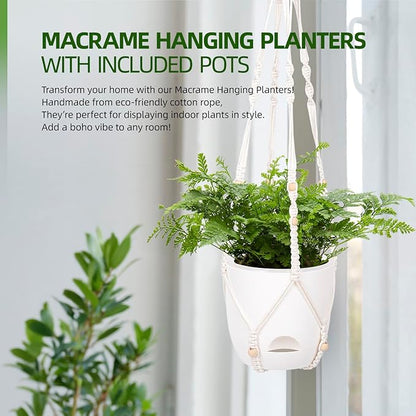 2-Pack 7.1-Inch Self-Watering Orchid Hanging planterS for Indoor & Outdoor baskets,34Inch Macrame Hanger Plant Pots Indoor with Drainage,Small Hanging Planters,With Two Sets of Hooks（Pure white）