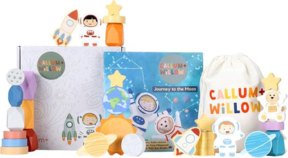 Toddler 30 Piece Stacking Wood Blocks Space Gift - Montessori 2 Year Old Fine Motor Skills Toy Learning Stacking Shape Sorter Sensory Preschool Busy Journey to the Moon (Book and Block Set, Wood)