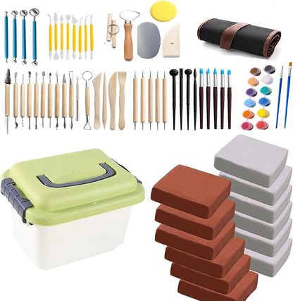 12 lb Natural Air-Dry Clay + 52 pcs Pottery Tools + Storage Box,Ideal for Wheel Throwing,Hand Building,Sculpting;Great for All Skill Levels (12lb+Tools(52pcs)+Box, White+Terracotta)