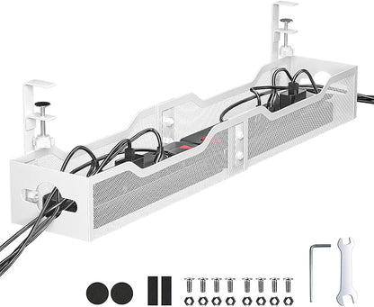 Under Desk Cable Management Tray White, Litwaro Cable Management Under Desk No Drill, 25'' Cable Tray with Clamp for Wire Management, Cord Organizer for Office, Home - No Damage to Table