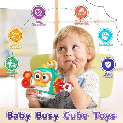 usrela 5 in 1 Baby Toys for 12 18 Month, Learning Toy for Babies 12-18 Months, Baby Busy Cube, Stacking&Sensory, Pull String&Piano Xylophone Toy, Birthday Gift for 12+ Month