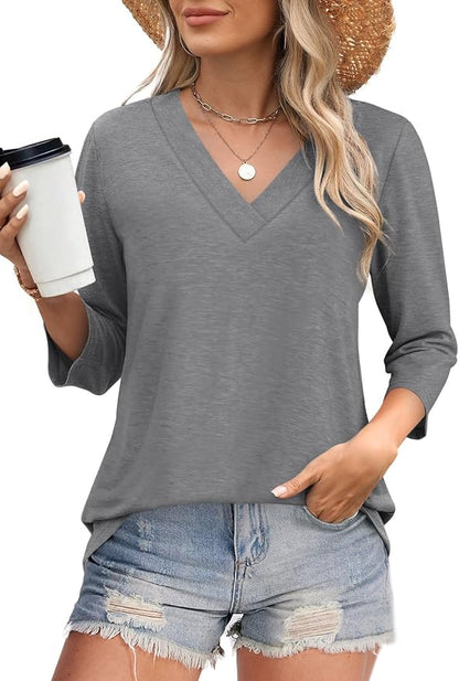WIHOLL Womens Tops 3/4 Length Sleeve V Neck Casual Tunic Tops Basic Shirts Loose Fit Blouse