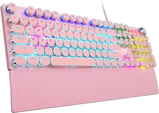 AULA F2088 Typewriter Mechanical Keyboard, Pink Retro Wired Gaming Keyboard with Blue Switches, Rainbow Backlit, Round Keycaps, Media Knob & Removable Wrist Rest