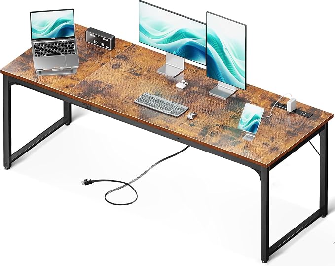 Coleshome 71 Inch Computer Desk with USB Ports, Large Office Desk, Long Study Student Writing Desk, Rustic Brown | Extra-long workspace • Fits dual monitors • Stable steel frame • Spacious legroom • Home office & gaming