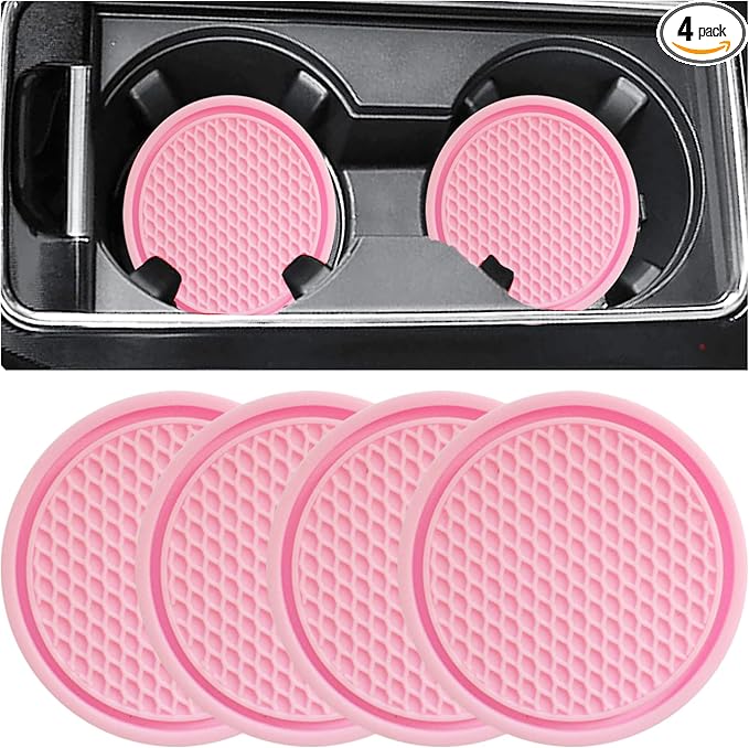 ZSDY Car Cup Coaster, 4PCS Universal Auto Non-Slip Cup Holder Embedded in Ornaments Silicone Coaster, Car Interior Accessories Sets, Pink