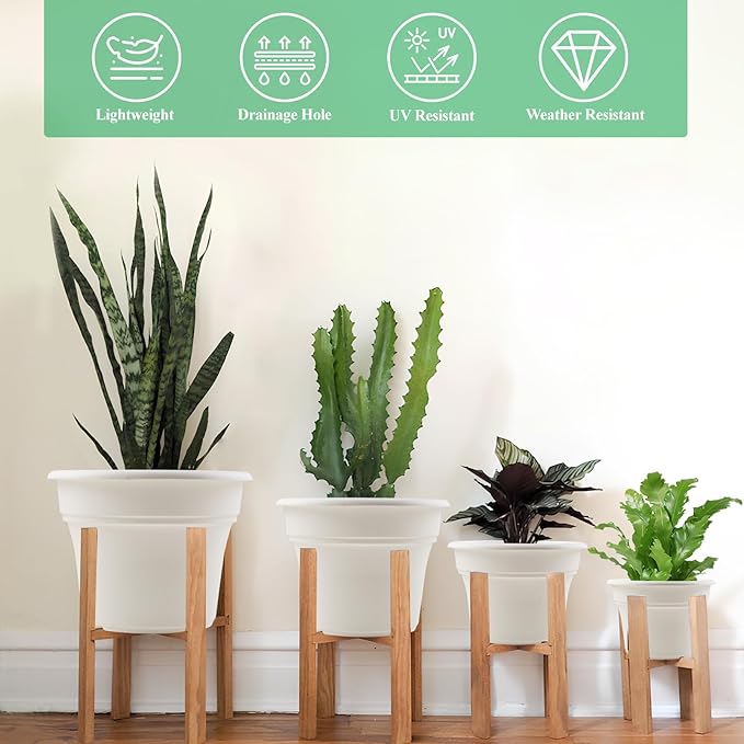 13 Inch Plastic-Flower-Pot-for-Indoor-Plants, 4 Pack Large Outdoor Planter Pot with Drainage Holes & Saucers, Resin Decorative Garden Pots Planters