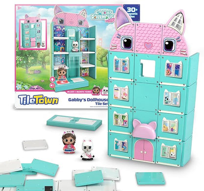 Tile Town Gabby’s Dollhouse 35-Piece Magnetic Tile Playset, Interactive STEM Magnetic Tiles Toys, Includes Gabby & Pandy Paws Figures, Action Tiles