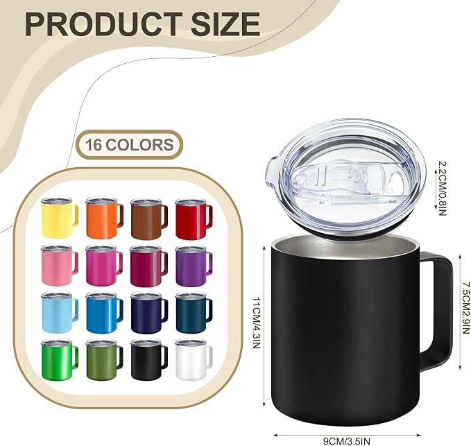 YOUKE OLA 16 Pack Stainless Steel Insulated Coffee Mug Bulk with Handle & Lids, 12oz Vacuum Insulated Double Wall Travel Mug for Hot and Cold Drinks Home Office Car, 16 Colors