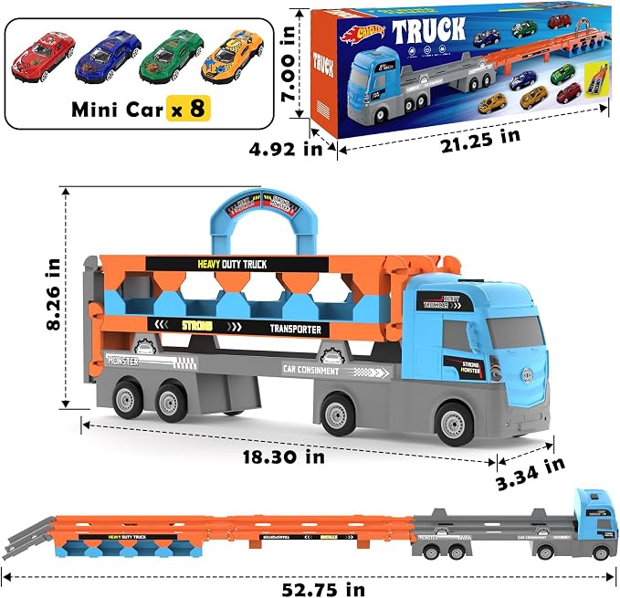 2-in-1 Foldable Race Track Truck Car Playset for 2-8 Years Old Boys Girls, Kids Truck Toys with Foldable 3 Layer Play Track & 8 Race Cars, Children's Day Birthday Gifts for Toddlers