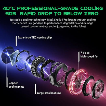 Black Shark Magnetic Cell Phone Cooler 4Pro, Portable RGB Cooling Fan, Cellphone Radiator with Removable Grip, App-Controlled Smart Temperature Control for iPhone MagSafe Series/Android/Tablet/iPad
