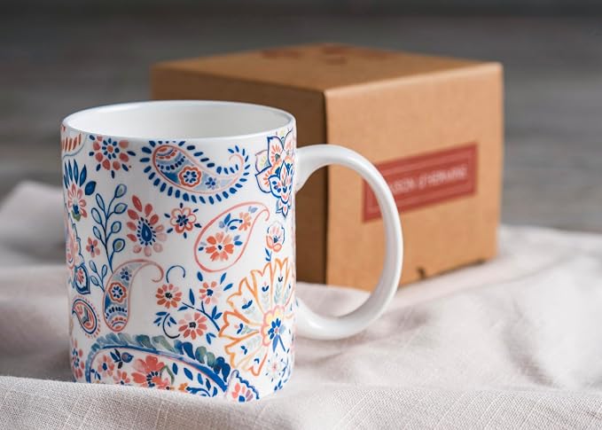 Maison d' Hermine Coffee Mug with Handles Tea Cups (15 Ounce, Pack of 1) | Fine Bone China Coffee Mugs for Hot Beverages Cappuccino Latte Home Restaurant Hotel Spring Summer -Indian Floral - Paisley