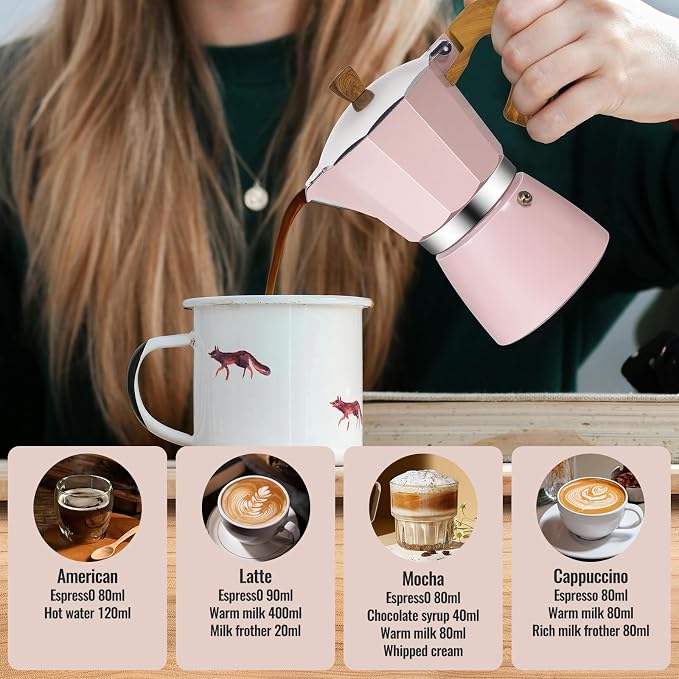 3 Cup Aluminum Moka Pot Classic Stovetop Espresso Coffee Maker 150ml 5oz Coffeemaker Percolator Mocha Pot Greca Coffee Maker Cafe Makers for Italian and Cuban Café Brewing Pink