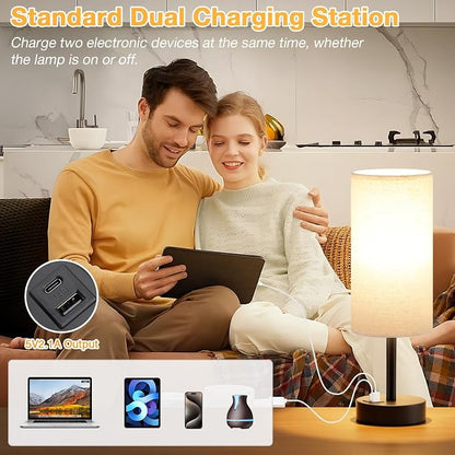 Dicoool Bedside Table Lamp for Bedroom - 3-Way Dimmable Touch Lamp, USB A+C | LED Bulb Included, 14" Small Nightstand Lamp for Desk, Living Room, Guest Room, Beige Fabric Lampshade, Black Metal Base