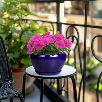 Planter for Indoor Plants 9 Inch - Ceramic Plant Pot for Indoor Plants Round Planter Outdoor Flower Pot with Drainage Hole and Saucer for Home Office Patio Decor Blue