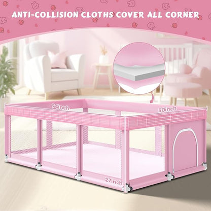 Fshibila 74" ×50" Large Baby Playpen, Baby Playard for Babies and Toddlers, Play Pens for Indoor & Outdoor, Sturdy Safety Play Yard with Soft Breathable Mesh, Anti-Fall, Pink