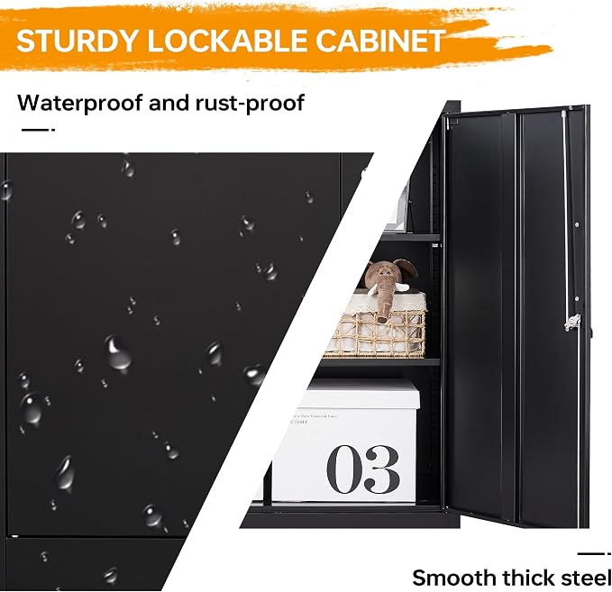 STANI Metal Storage Cabinet with 2 Adjustable Shelves, Steel Counter Cabinet with Lockable Doors for Home Office (Black)