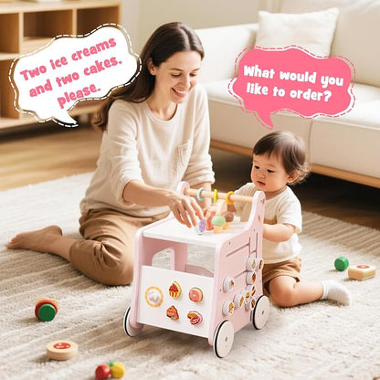 HONEY JOY Baby Push Walker, 8-in-1 Wooden Kids Ice Cream Cart & Activity Walker, Develop Motor Skills & Creativity, Dessert Shop Push Toys for Babies Learning to Walk, Gift for Boys and Girls (Pink)