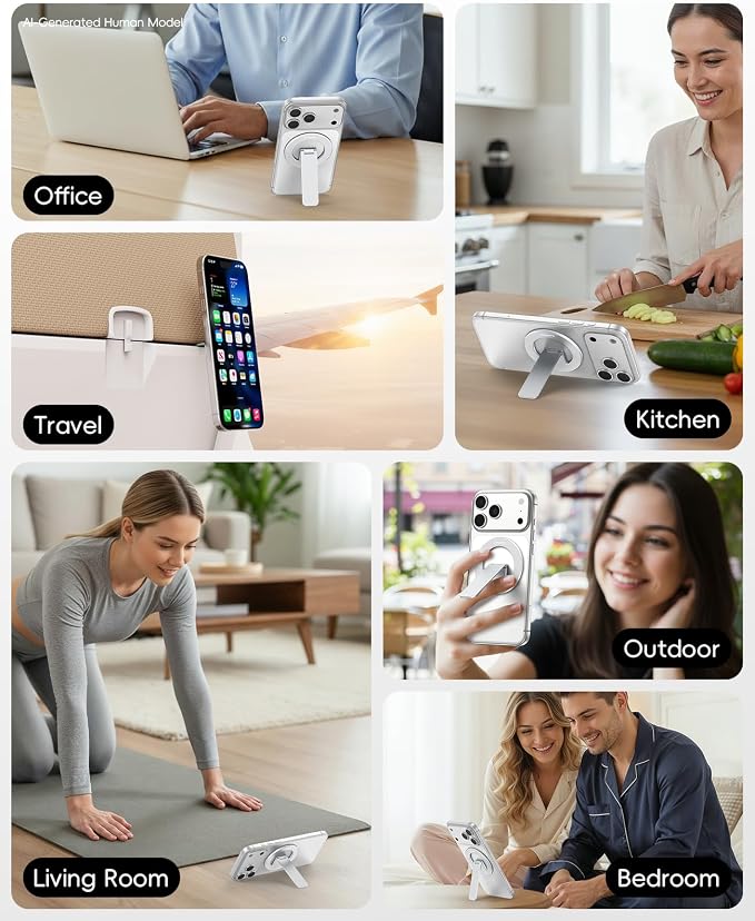 Magnetic Phone Stand Grip, 3-in-1 for MagSafe Phone Holder & Kickstand, Durable Silver Aluminum Grip, Ultra-Slim 2mm, 360° Rotation, Detachable for MagSafe Charging, Works with iPhone 17–12