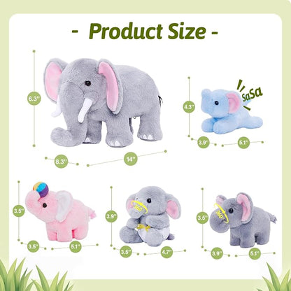 OUOZZZ Elephant Stuffed Animal with 4 Sensory Babies Plush Toy Set 14" x 6.3"