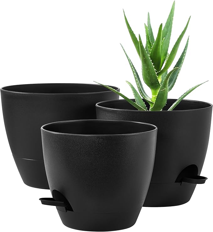 FaithLand 3-Pack Planter Pots, 10 9 8 Inch Self Watering Flower Pots for Indoor Outdoor Garden Plants, Black