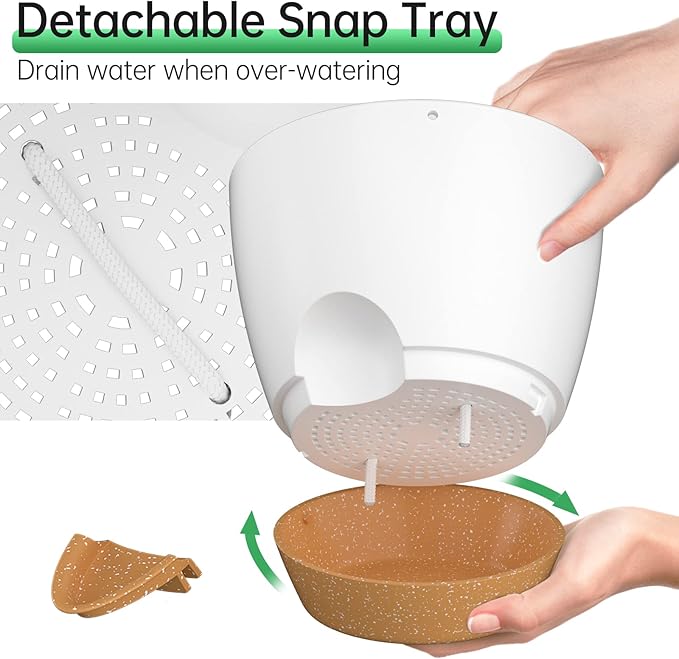 ZMTECH 8 Inch Hanging Planters for Indoor Outdoor Plants, 2 Pack Self Watering Hanging Plant Pots with Drainage Holes and Removable Saucer, Plastic Flower Hanging Pots with Watering Lip (White)