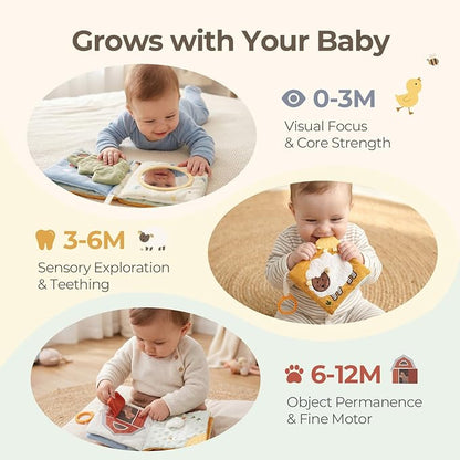 let's make Soft Baby Book for 0-12 Months, Crinkle Sensory Cloth Book with Teether, Mirror, Squeaker and C Clip, Farm Story Tummy Time Stroller Toy