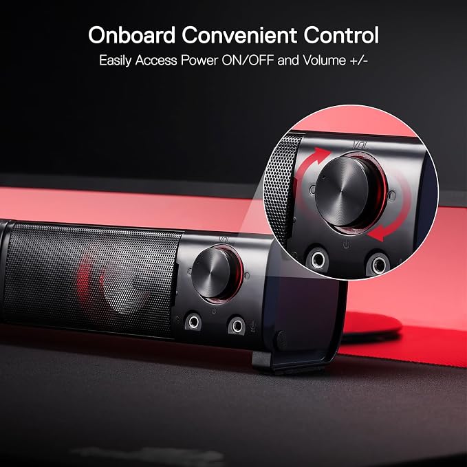 Redragon GS550 PC Gaming Speakers 2.0 Channel Stereo Enhanced Sound, Black | Compact Maneuverable Size, Headphone Jack, Decent Red Backlight, Plug & Play USB Powered Desktop Computer Speaker