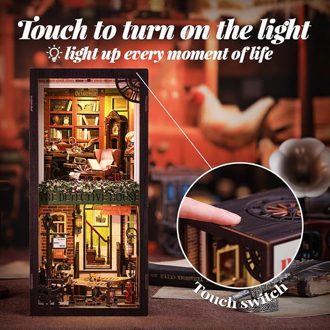 Cutefun Book Nook Kit, DIY Miniature Dollhouse Booknook for Adults, 3D Wooden Puzzle Bookend Bookshelf Insert Decor with LED Light, Gift for Craft Lovers (Rose Detective Agency)