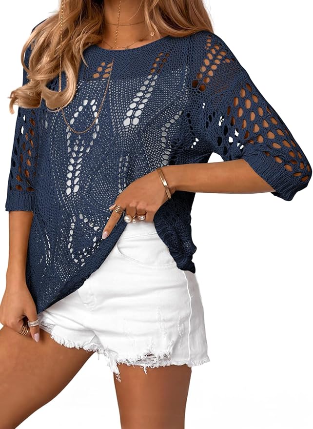 EVALESS Womens Crochet Hollow Out Knit Tops Half Sleeve Spring Summer Sweaters Beach Cover Ups for Women Trendy 2026