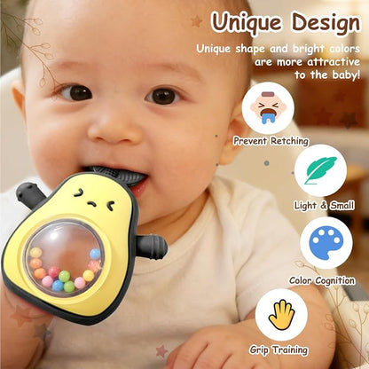 Baby Rattle Teething Toys Silicone Avocado Teething Mitten Sensory Toys for Grasping Chewing Sucking Hearing Needs-Baby Teether for Teething Relief-BPA Free Infant Toys Baby Shower Gifts (Black)