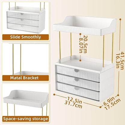 StorBin Arcylic 5-Tier Makeup & Skincare Organizer for Vanity, Bath, 2 Sets | Smooth 3 drawers, clear body, gold frame, non-slip, for perfumes, serums, face masks, palettes, vanity & bath counter,Clear