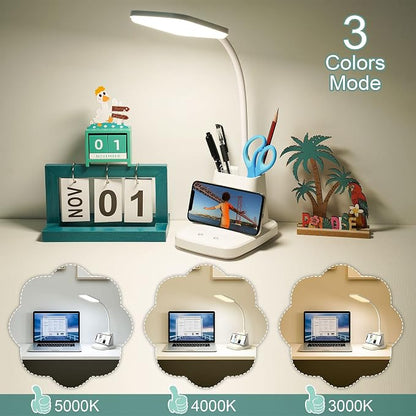 LED Desk Lamp with 10W Wireless Charging & Pen Holder, Snow White | CRI 95, 800LM, Stepless Dimming, 3 Modes, 360°Flexible Arm, Touch, Study Table Lamp for Home Office, Dorm Room, with Adapter