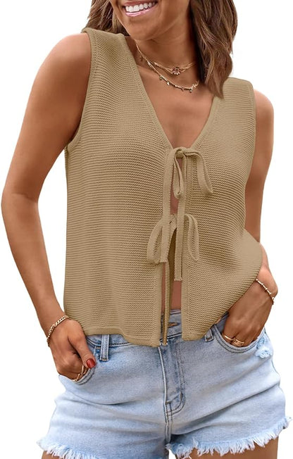 LILLUSORY Womens Tie Front Tops Vacation Sweater Vest | Bohemian Style, Beach Resort Wear, Concert Western Outfits, Crochet Tops, Vacation Outfits, Cute Y2k Sleeveless 2026