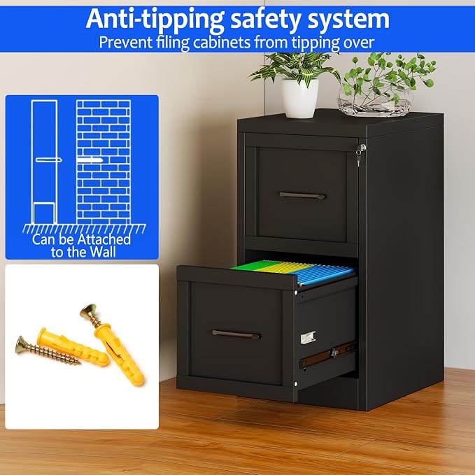 Small Metal 2-Drawer File Cabinet, Under-Desk Filing Cabinet, Black | Locking, Adjustable Hanging Rail, Fit A4, FC, Letter, Hanging File Folders for Home Office Storage Organization, 1PS
