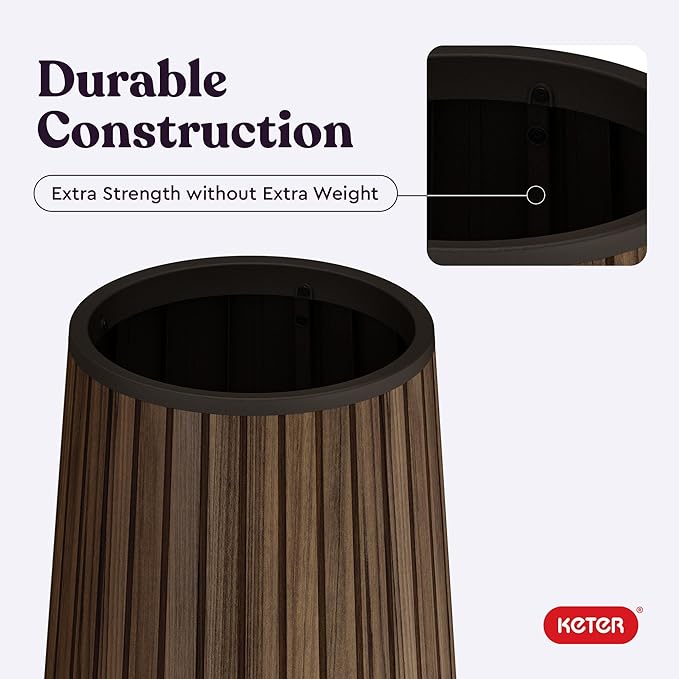Keter Signature Conic 23.8 Inch Tall Round Large Wood Look Planter for Indoor or Outdoor Flower Pot Ideal for Patio Deck and Front Porch Decor, Rosewood