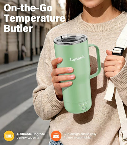 Supsonic Heated Coffee Mug Rechargeable, 20oz Long-Lasting Battery (S3) | Dry-burn protection, 2Hr auto-off, 3-Temp settings, Constant temperature, Inner stainless steel, Warm gift for men women