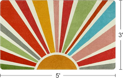 Boho Washable Rug 3'x5' Rug Kids Area Rug for Playroom, Colorful Kids Rug for Bedroom, Non-Slip Throw Sun Carpet Soft Small Sunshine Rug for Office Nursery Entryway Dorm