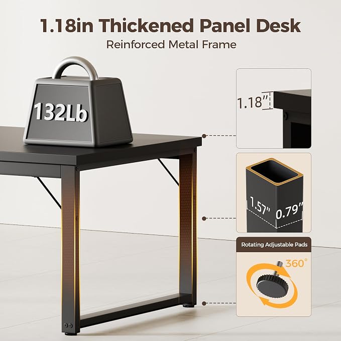 Mericonia 54 Inch Computer Desk with Power Outlets, 1.2" Thick Office Table | Modern Simple Style, Heavy Duty Industrial Frame, Study & Writing Table for Home Bedroom Work, Black