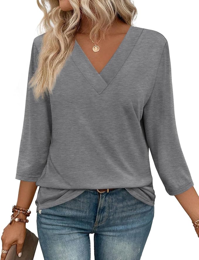 WIHOLL Womens Tops 3/4 Length Sleeve V Neck Casual Tunic Tops Basic Shirts Loose Fit Blouse