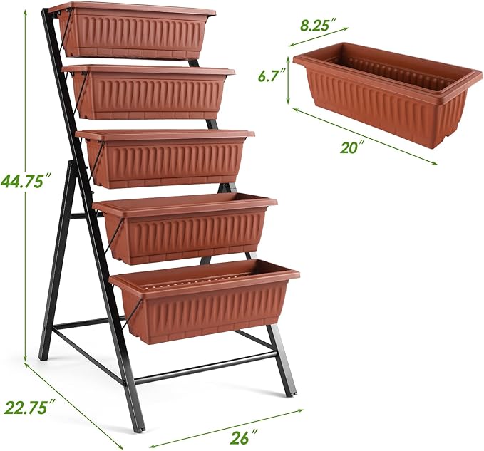 Suyncll Vertical Raised Garden Bed Planter Box,5 Tiers Vertical Garden Planter with Drainage System&4 Hooks for Herb Vegetables Flowers, Brick Red