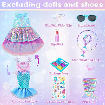 American 18 Inch Doll Makeup Accessories and Mermaid Clothes Set,Included 2 Pieces Clothes,Mermaid Messenger Bag,Starfish Hairpin,Lipstick,Necklace,Bracelet,Eye Shadow and Sticker(NO Doll and Shoes)