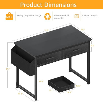 DLisiting Small Desk with Fabric Drawers for Bedroom, 32 Inch Gaming Desk with 2 Drawers for Small Space, Study Writing Table PC Desks, Black