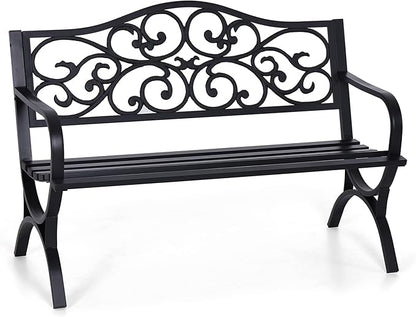 Sophia & William 50" Outdoor Garden Bench Patio Park Bench, Cast Iron Metal Frame Furniture with Floral Design Backrest for Porch Yard Lawn Deck, Black