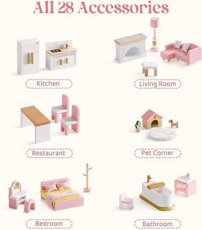 ROBUD Wooden Dollhouse Furniture Set, 28 Pcs Doll House Accessories, Miniature Furniture Including 6 Room Kits, Pretend Play Toys, Gift for Boys and Girls,3+