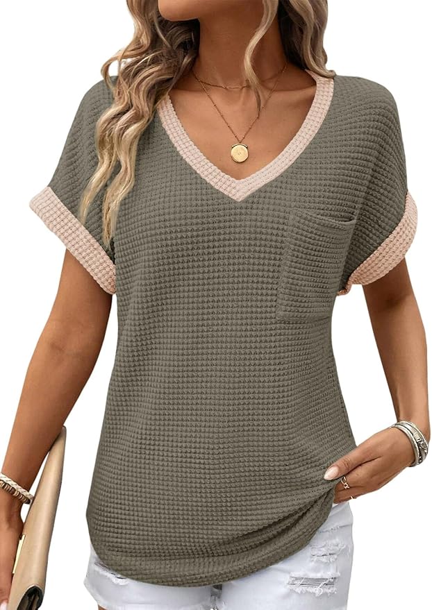 Dokotoo Womens Waffle Knit Tops 2026 Spring Summer V Neck Shirts Casual Trendy Women's Blouses Basic Tee