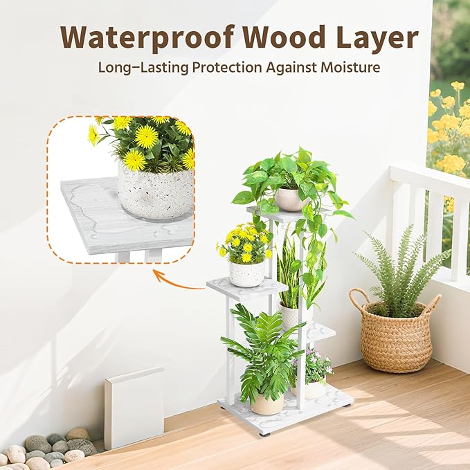LASZOLA White 4 Tiered Wood Plant Stand Indoor for Large Heavy Duty Planter, Sturdy Multi Level Corner Vertical Flower Rack for Narrow House, Rustic Tall Orchid Shelving Holder for Decor, Space Saving