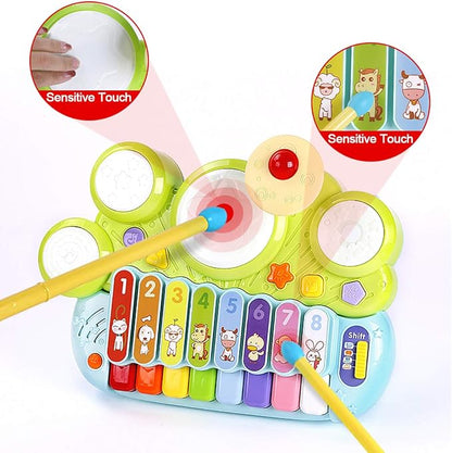 Fisca 3 in 1 Musical Instruments Toys, Electronic Piano Keyboard Xylophone Drum Set - Learning Toys with Lights for Baby & Toddler 1 2 3 Year Old Boys and Girls
