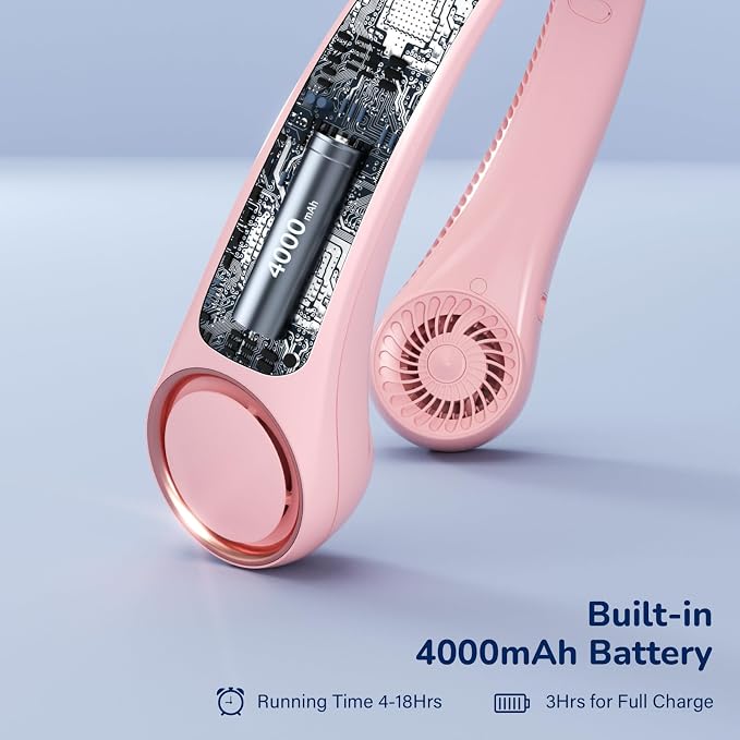 Morelax Neck Fan, USB Rechargeable Personal Fan, 3 Speeds Adjustable, Large air outlet Powerful Strong Wind, Adjustable, 360° Cooling, Super Quiet, No Blade Design, No Hair Twisting, Small (Pink)