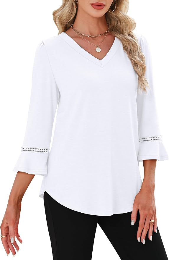 WIHOLL Womens Blouses Dressy Casual 3/4 Length Sleeve Tops Lace Trendy 2026 Spring Summer V Neck Shirts Vacation Outfits