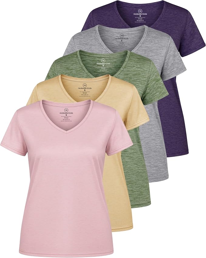 5 Pack Women's Dry Fit V Neck Workout Tops T Shirts Athletic Gym Yoga Tees | Available In Plus Size, Cooling Moisture-Wicking, Short Sleeve, Quick-Dry, Fitness, Stretch, Exercise, Running, Hiking